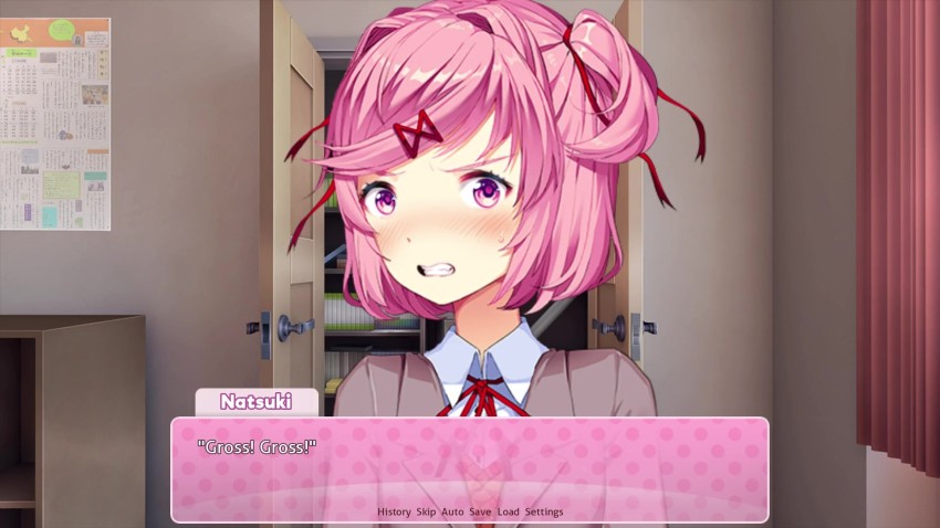 A screenshot from Doki Doki Literature club of Natsuki with a disgusted expression. Her speech box reads "Gross! Gross!"