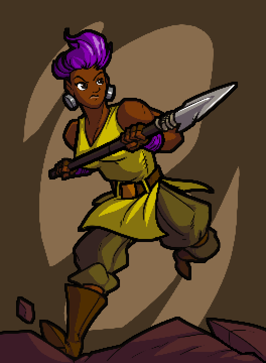 A full body portrait of Bolt. They have bright purple hair, large bolt-like earrings, a yellow sleeveless tunic, and dull green pants with brown boots.