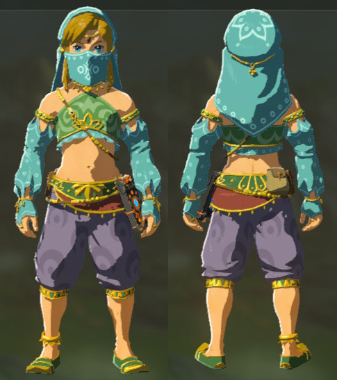 A comparison of Link's Gerudo outfit from the front and back. The outfit include a light blue veil, blue and green crop top, and dark blue, knee high sirwal.