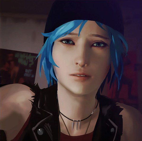 A shoulder-up screenshot of Chloe Price. She is wearing a black beanie over her dyed blue hair, a red tank top with a black leather vest, and a necklace with three bullet charms.