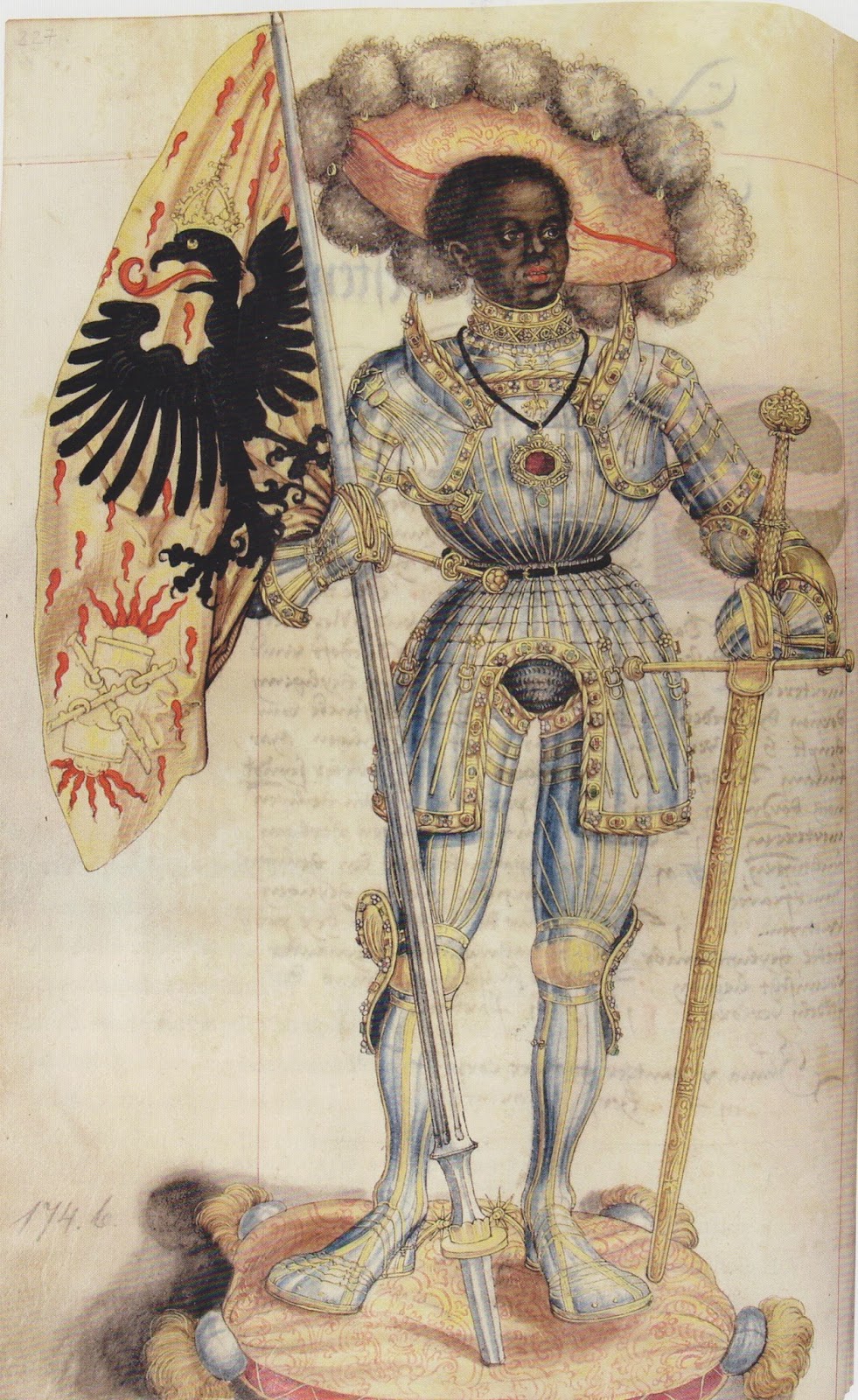 Medieval art depicting Saint Maurice, a black man in knight's armor bearing the standard of the Holy Roman Empire.