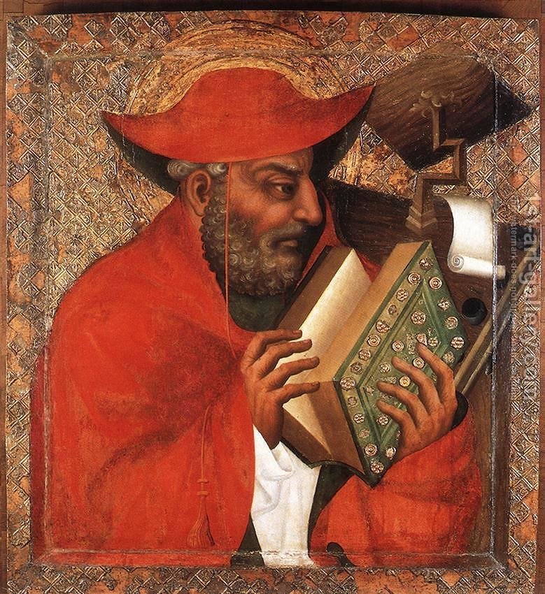 Medieval portrait of Saint Jerome by Bohemian artist Theoderic. Jerome is pictured reading at his study.