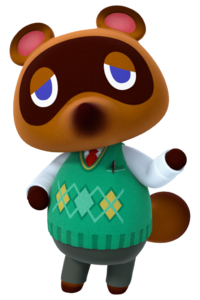 Tom Nook, a raccoon wearing a green sweater vest.