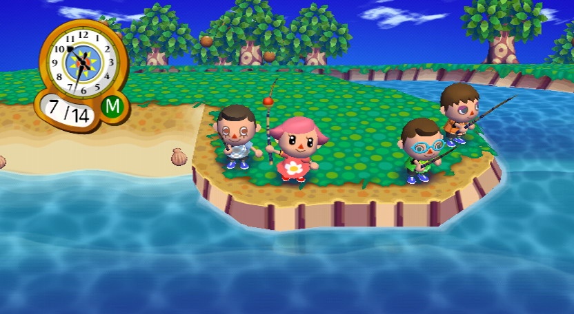 Animal Crossing villagers fishing in the ocean.