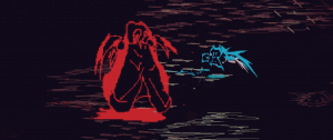 Blue Lucah fights a red nightmare demon.