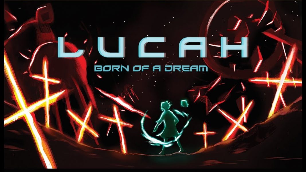 Lucah: Born of a Dream title image, featuring a more human-like image of a blue Lucah surrounded in crosses of bright neon orange.