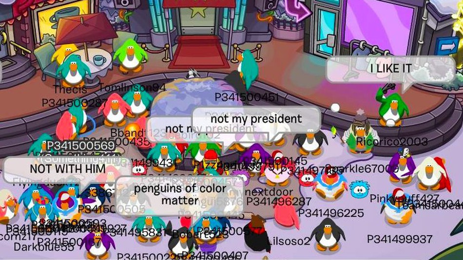 Club Penguin characters participate in a protest.