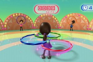 A Mii avatar hula hooping in a Wii Fit game.