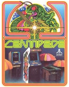 "Centipede" arcade machines beneath an illustration of "Centipede."