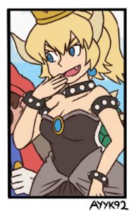 Image of Bowsette by Twitter user ayyk92--a blonde woman with horns and a crown, wearing a black dress.