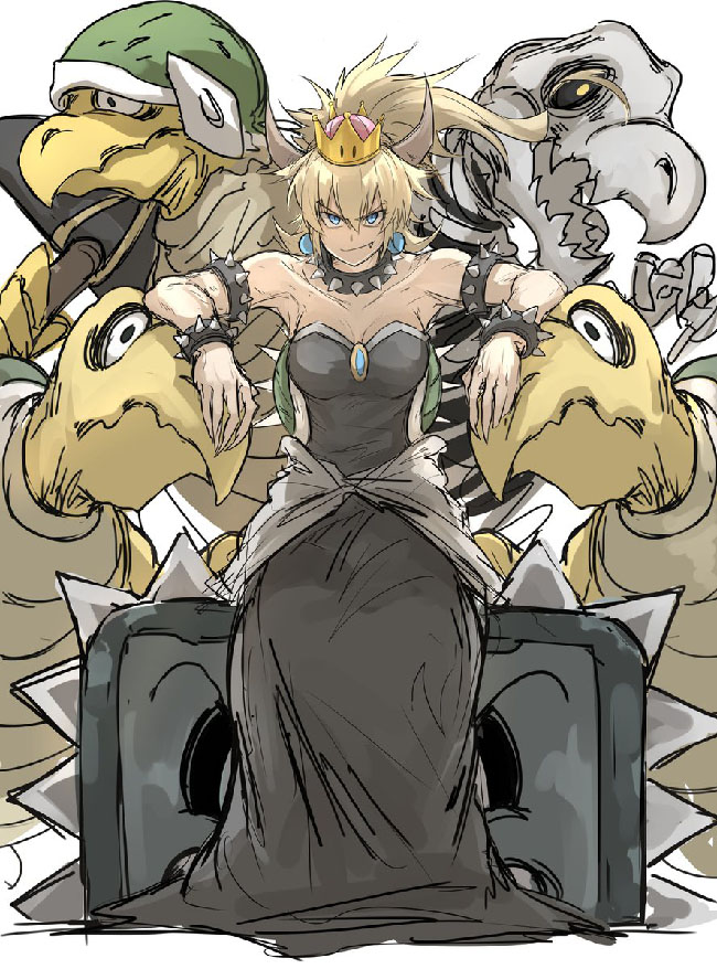 A blonde woman in a dark dress, with horns and a crown, sitting on a makeshift throne and surrounded by her turtle monster guards.