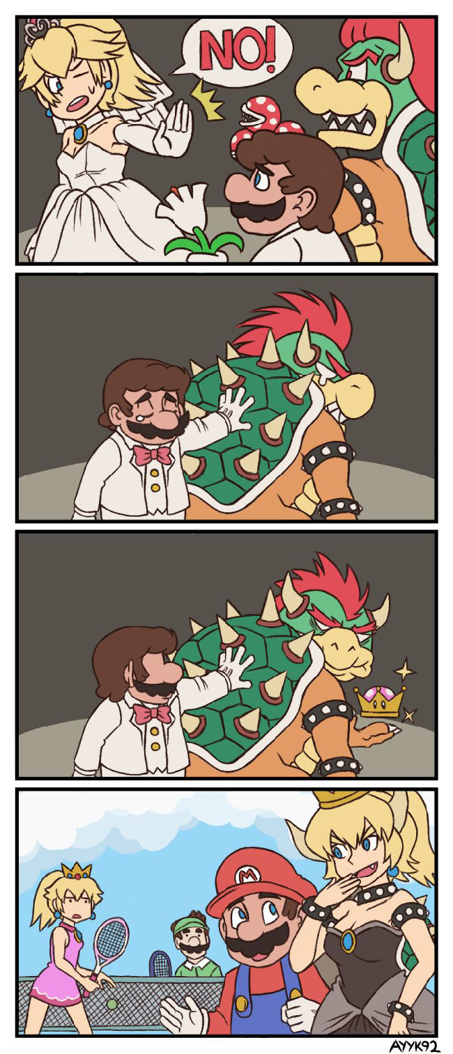 A comic sequence that shows Peach rejecting Mario and Bowser, then Bowser using the Super Crown to turn into Bowsette, a visual cross between Peach and Bowser.