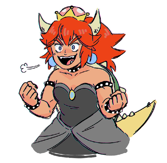 Red-haired, dark-skinned woman with horns and a tail, wearing a crown and black dress, and looking triumphant.