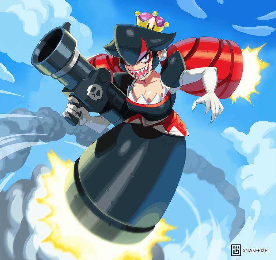 A humanoid woman dressed in black and red flies into the sky, with her lower half in the shape of a bullet propelling her upward. She is armed with a dark blaster, and she has red bullet-ponytails attached to her head that help propel her into the sky too.