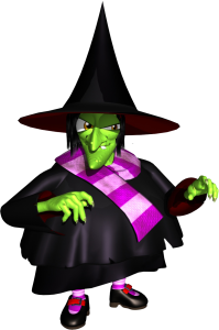 A green witch with a crooked nose and pointy witch hat