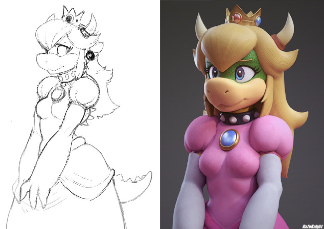 Black-and-white sketch and 3D sculpture of a female humanoid with long hair, a reptilian snout, tail, horns, wearing a crown and a dress.