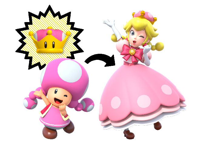 An image of Toadette--a small pink mushroom-like creature--turning into Peachette--a blonde woman in a pink dress--with the help of the Super Crown.