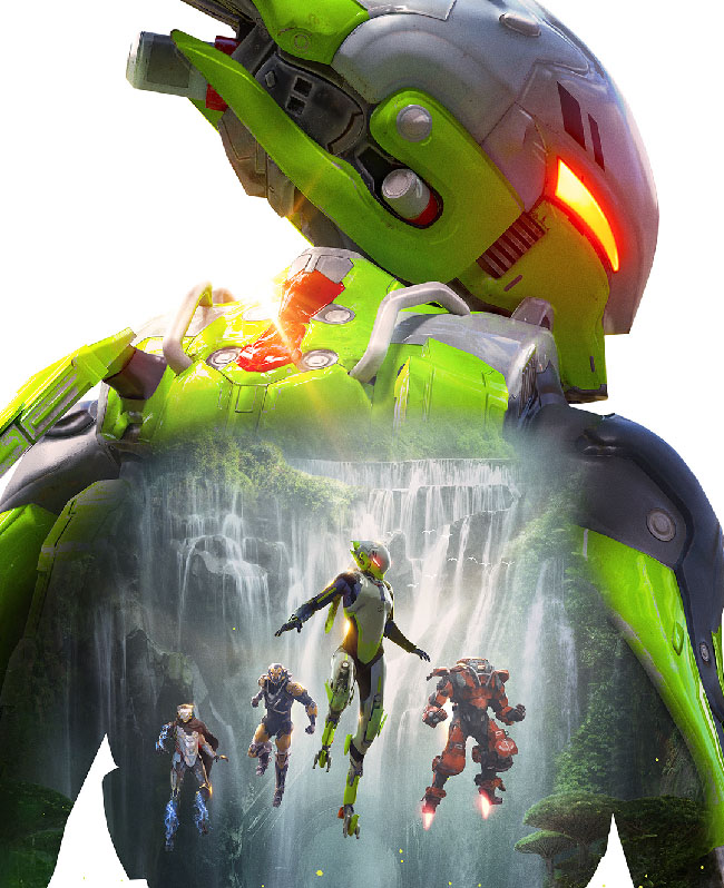 “Anthem” illustration, featuring four flying armored warriors.