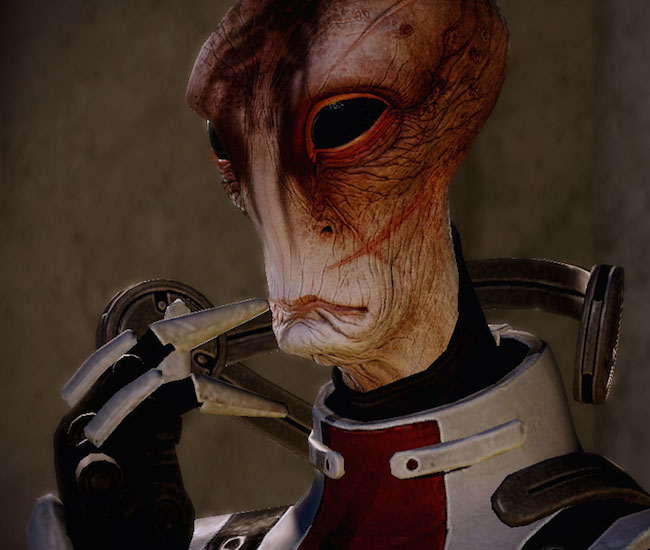 Image of “Mass Effect 2” character Mordin Solus, a scarred alien.