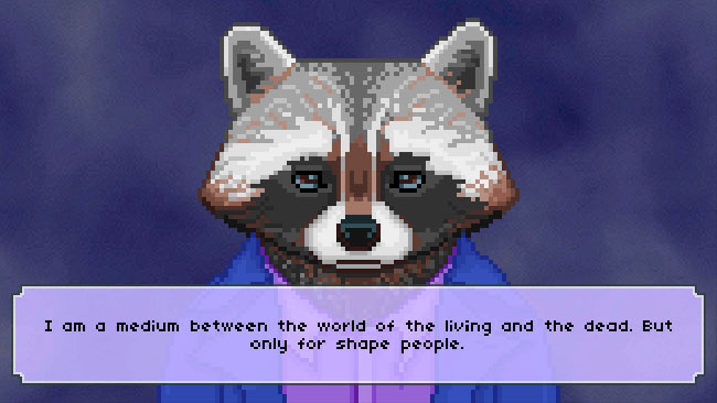 Screenshot of "The Raccoon Who Lost Their Shape." Done in pixel art. Anthropomorphic raccoon wearing casual clothes. Text box describing Raccoon’s thoughts and/or words.