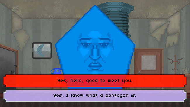 Screenshot of "The Raccoon Who Lost Their Shape." Done in pixel art. Anthropomorphic pentagon in an office. There are two text boxes describing the different dialogue options the player can choose.