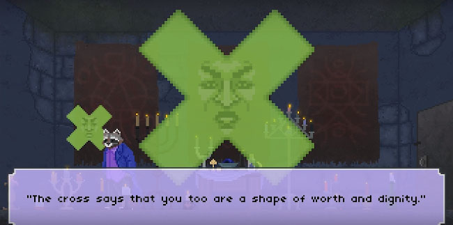 Screenshot of "The Raccoon Who Lost Their Shape." Done in pixel art. Anthropomorphic cross in a room with many candles, and with an anthropomorphic raccoon wearing casual clothes. There is a text box describing dialogue from the cross.