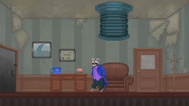 Screenshot of "The Raccoon Who Lost Their Shape." Done in pixel art. Anthropomorphic raccoon wearing casual clothes in an office. There is a telephone, and the framed image of an anthropomorphic crescent on the wall.