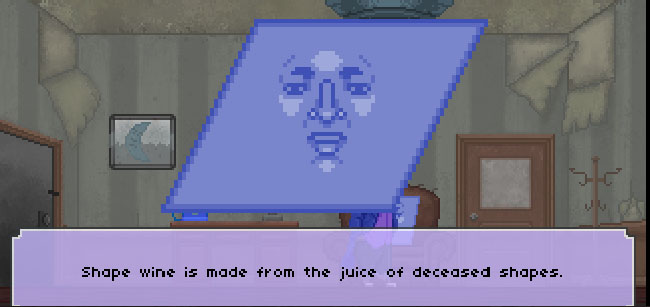 Screenshot of "The Raccoon Who Lost Their Shape." Done in pixel art. Anthropomorphic rhombus-identifying-as-a-diamond in an office. There is a text box with the shape character’s dialogue.