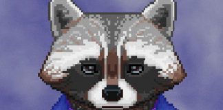 Screenshot of "The Raccoon Who Lost Their Shape." Done in pixel art. Anthropomorphic raccoon wearing casual clothes.