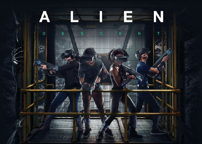 Promotional image of “Alien: Descent.” It shows four people wearing VR gear (visor headset, plastic gun, lightweight devices on their arms and legs) on a yellow metal lift, with facehugger aliens crawling around.