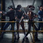 Promotional image of “Alien: Descent.” It shows four people wearing VR gear (visor headset, plastic gun, lightweight devices on their arms and legs) on a yellow metal lift, with facehugger aliens crawling around.