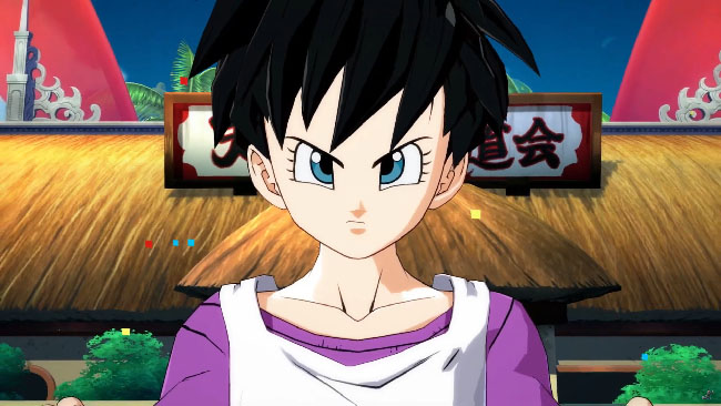 Image of Videl from “Dragon Ball FighterZ.” Videl is a young woman with short, dark, slightly spiky hair, and blue eyes. She’s wearing a white tank top over a purple shirt.