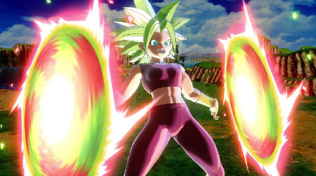 Screenshot of Kefla in “Dragon Ball Xenoverse 2.” Kefla looks like a young woman with spiky, yellow hair, and green eyes. She’s dressed in a tank top and tights, with what looks like gold armlets on her arms. She has large discs of energy in both of her hands.