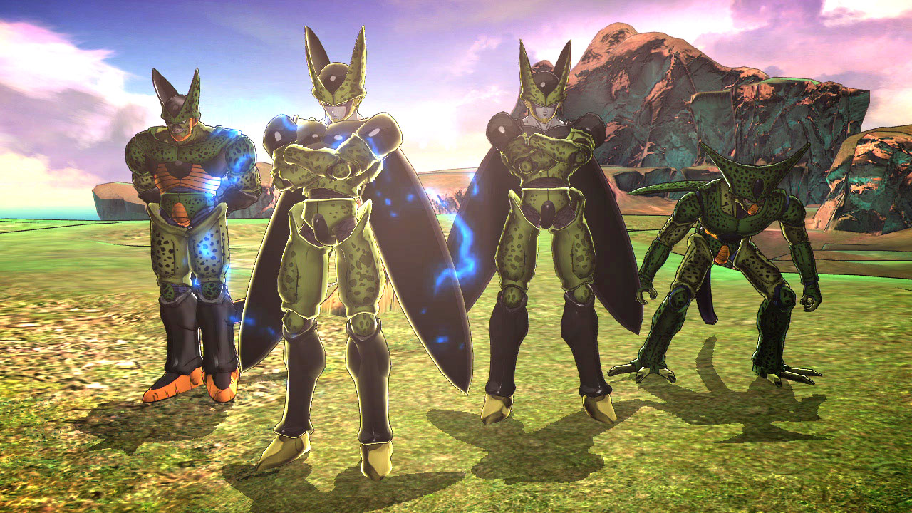 “Dragon Ball Z: Battle of Z” screenshot featuring different forms of the insect-like Cell.