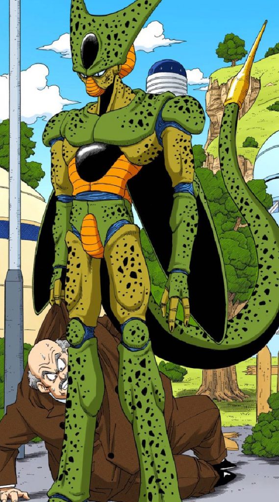 A color illustration of Cell as he first appears in the manga by Akira Toriyama. He looks like a mix of insectoid, reptilian, and human features.