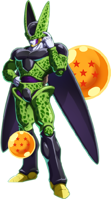 An image of Cell from “Dragon Ball Fighter Z.” Cell looks like a mix of insectoid, human, and reptilian features.