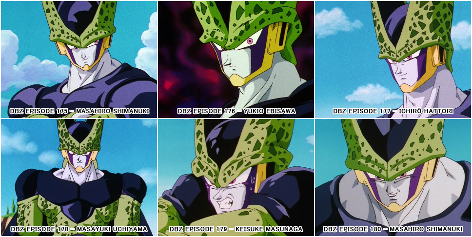 Screenshots of different supervising animators’ work on Cell in the “Dragon Ball Z” animated TV series.