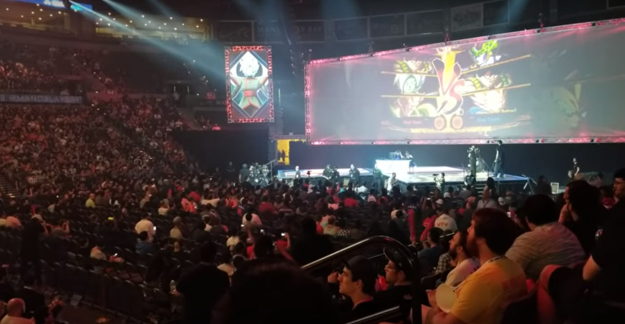 Screenshot of crowds at “Dragon Ball FighterZ” tournament at Evo 2018 from a Youtube video by GLHFtv, posted on Aug 5, 2018.