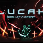 Lucah: Born of a Dream title image, featuring a more human-like image of a blue Lucah surrounded in crosses of bright neon orange.