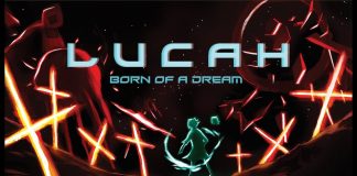 Lucah: Born of a Dream title image, featuring a more human-like image of a blue Lucah surrounded in crosses of bright neon orange.
